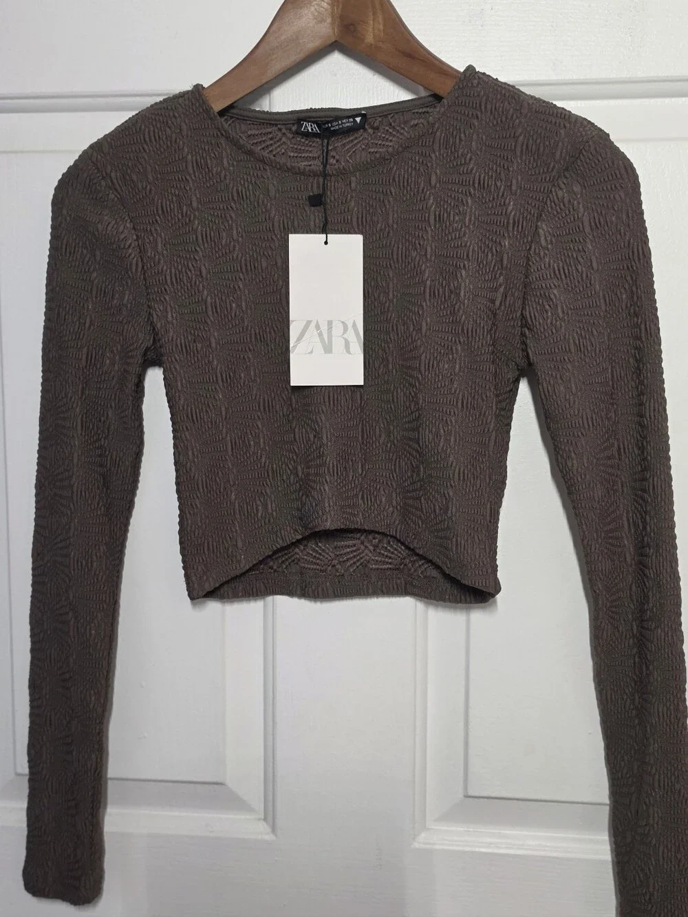 ZARA Textured Brown Long-Sleeve Crop Top